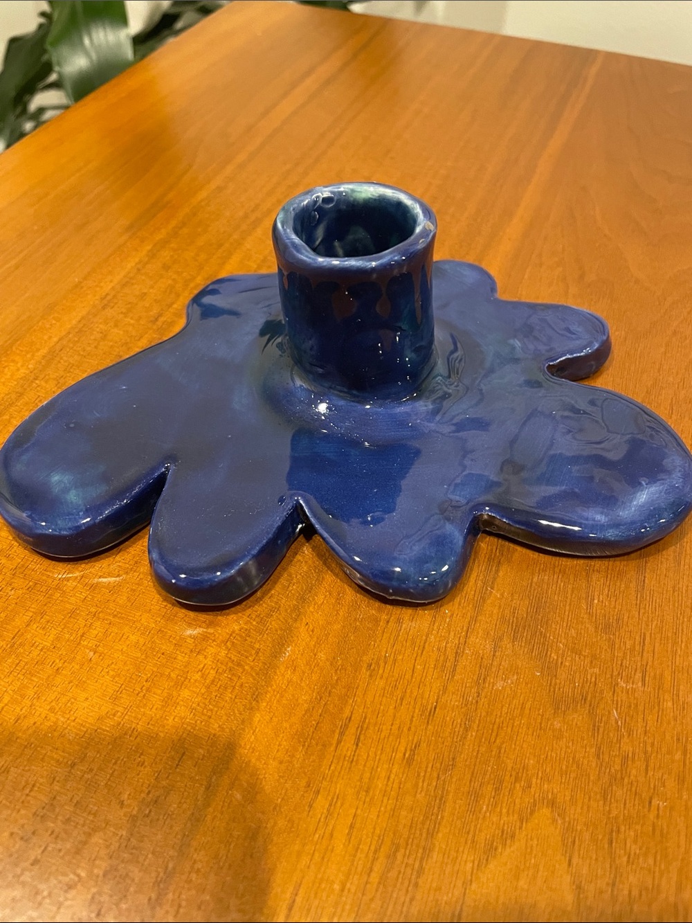 Glossy Blue Flower-Shaped Ceramic Candle Holder
